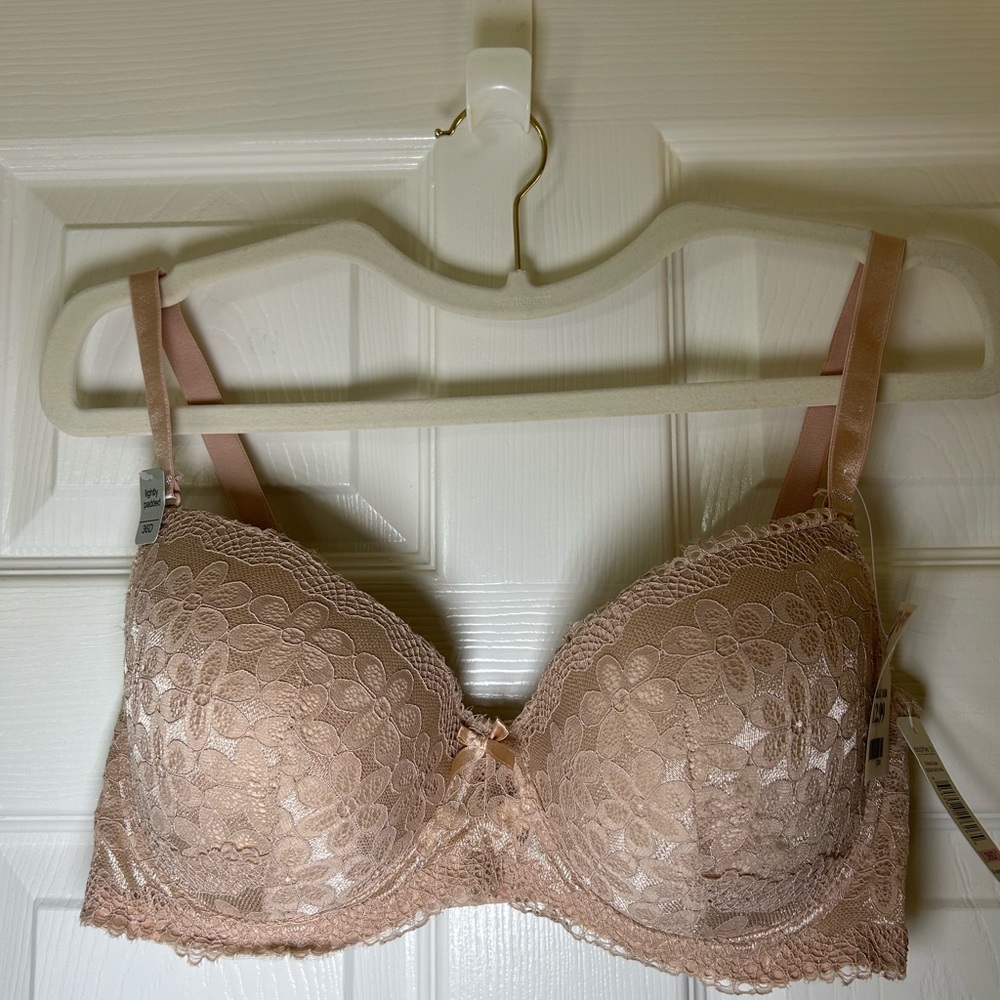 Beige lightly padded lace bra; Sophie B brand; 36D; NWT